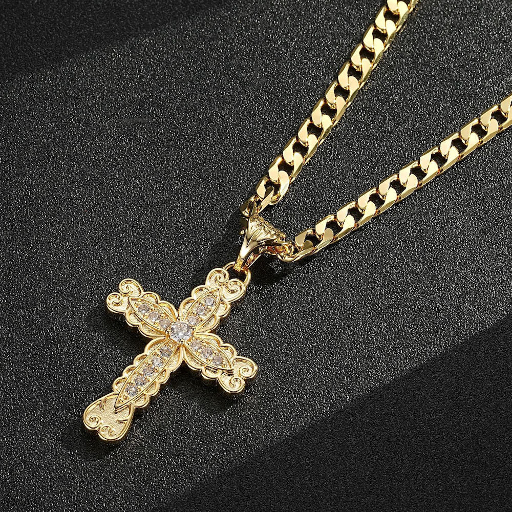 Person wearing Ornate Cross Pendant Necklace