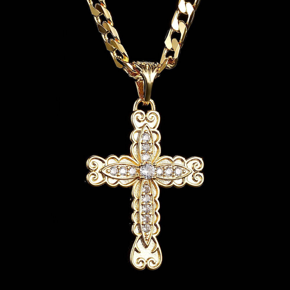 Ornate Cross Pendant with Stones and Gold Chain