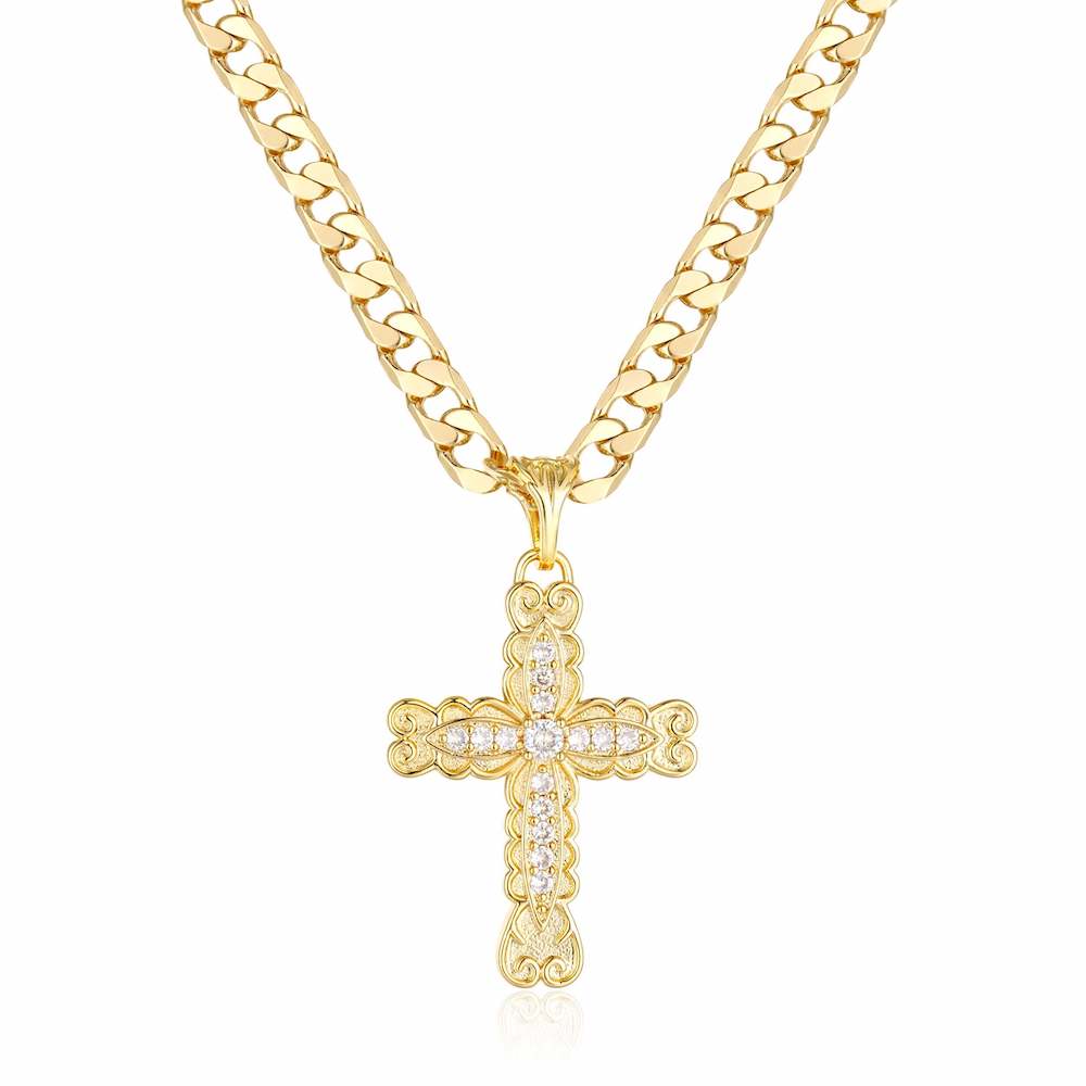 Gold Bonded Chain with Ornate Cross Pendant