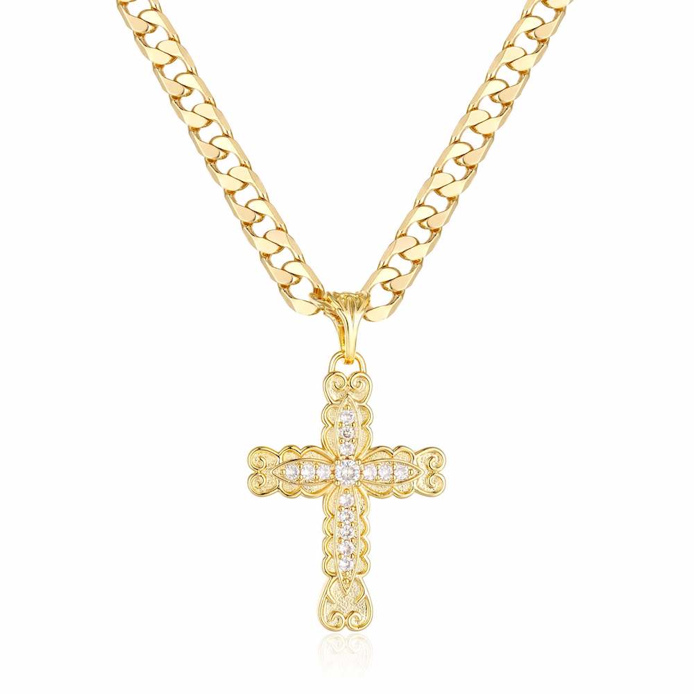 Gold Ornate Cross Pendant Necklace