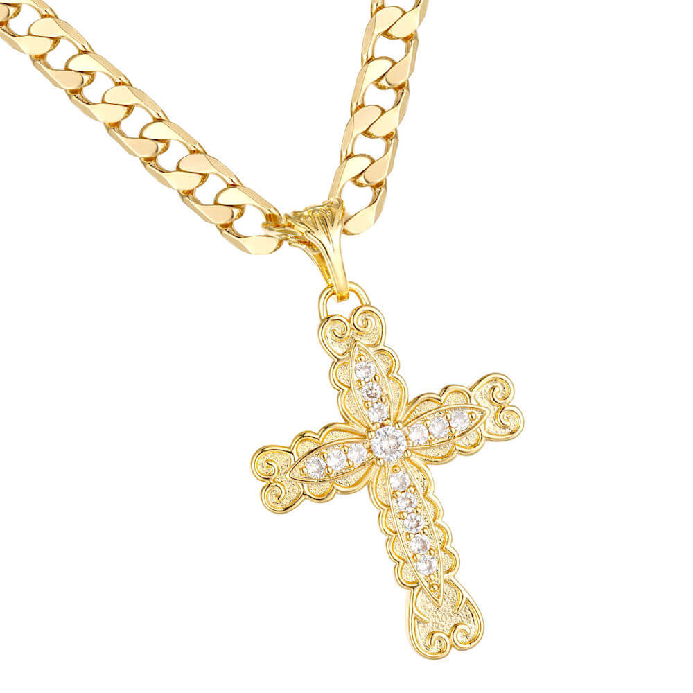 Gold Ornate Cross Pendant with Stones 22 Inch 4mm Cuban Chain