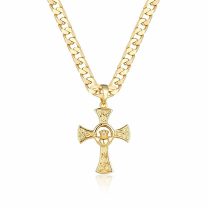 Person wearing Celtic Claddagh Cross Pendant Necklace