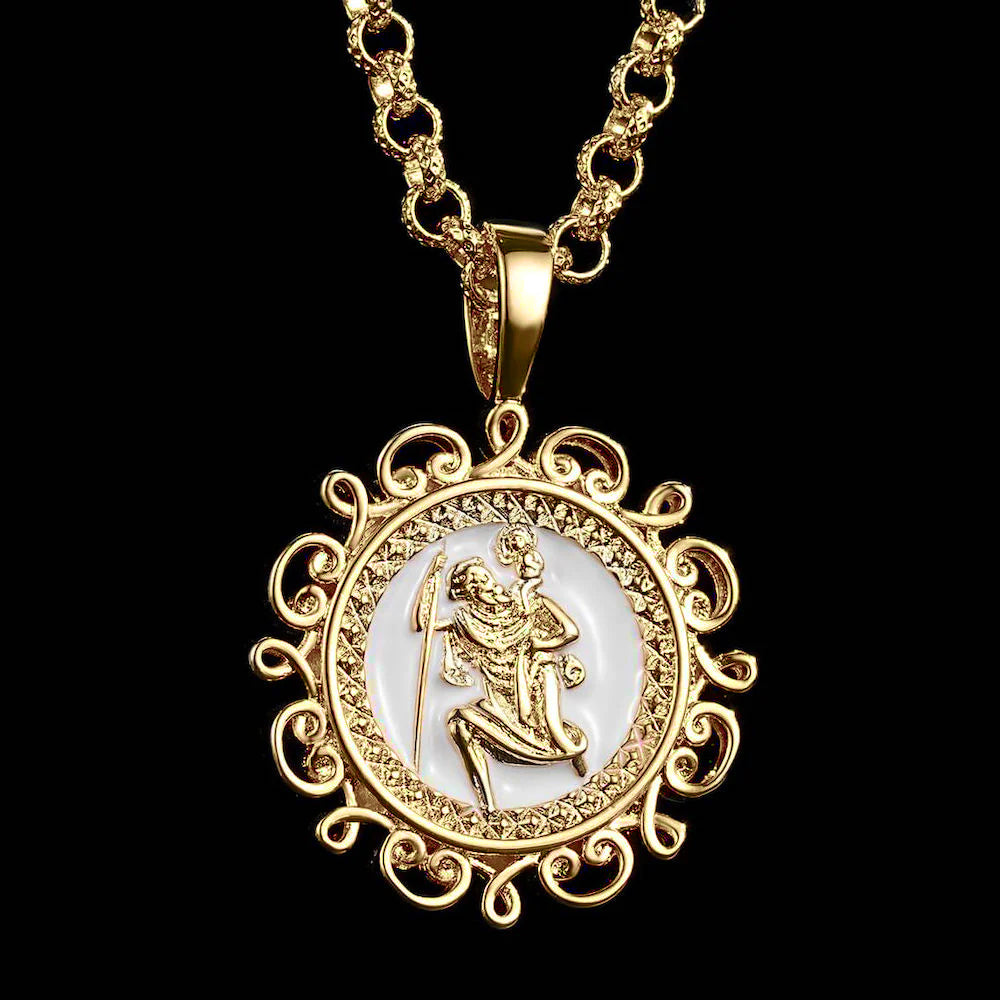 Gold Ornate St Christopher Pendant with 22-Inch, 4mm Belcher Chain
