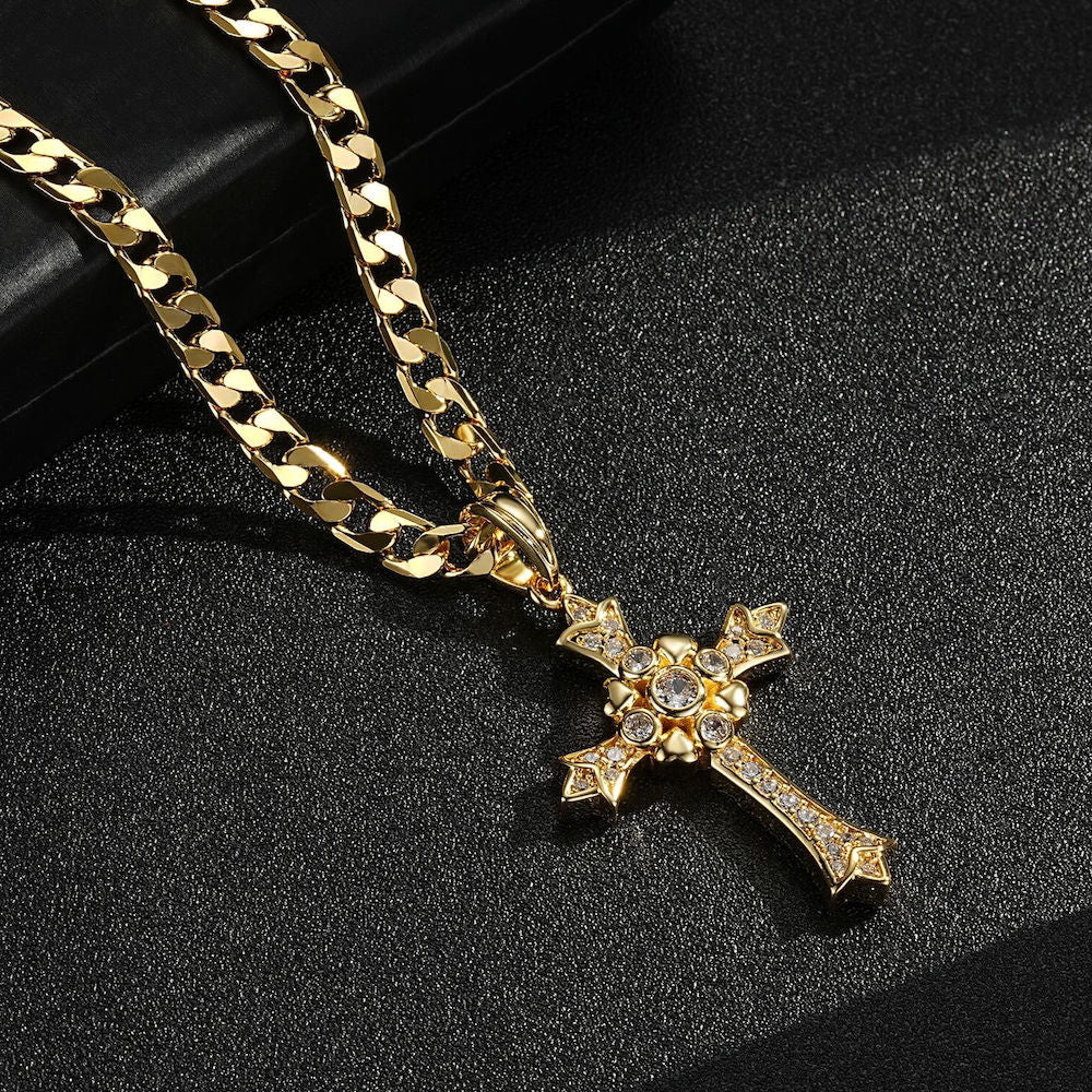 Gothic Cross Pendant with Stones and Gold Chain