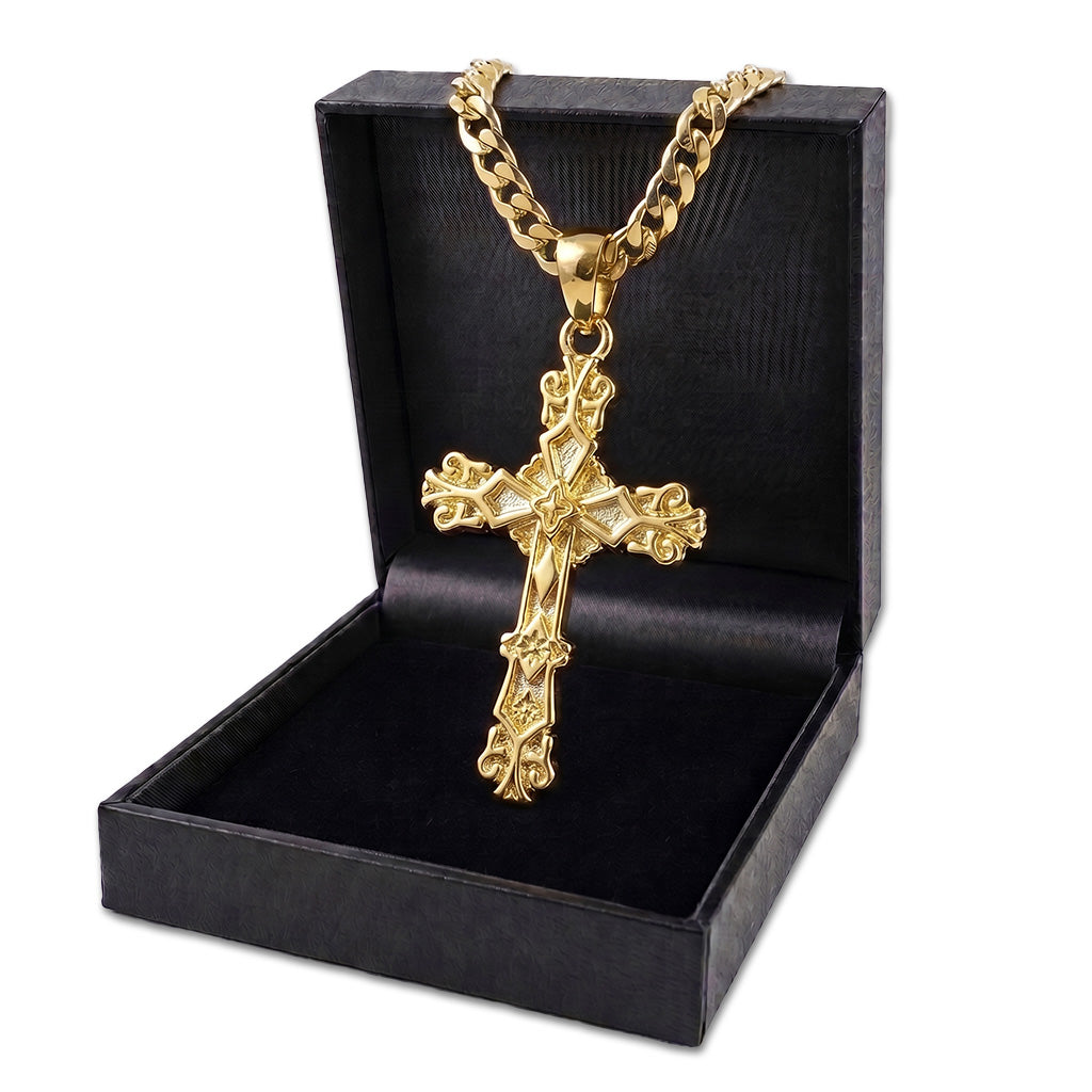 Gold Filigree Cross Pendant Necklace with Cuban Chain 22 inches