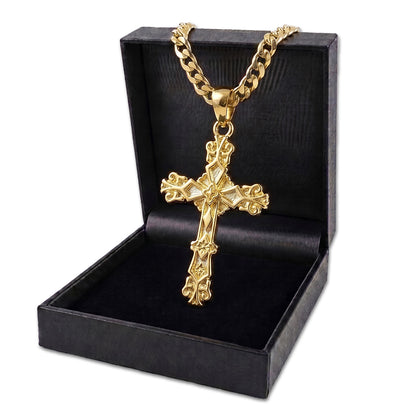 Gold Filigree Cross Pendant Necklace with Cuban Chain 22 inches