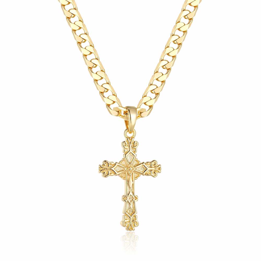 Gold Filigree Cross Pendant Necklace with Cuban Chain 22 inches