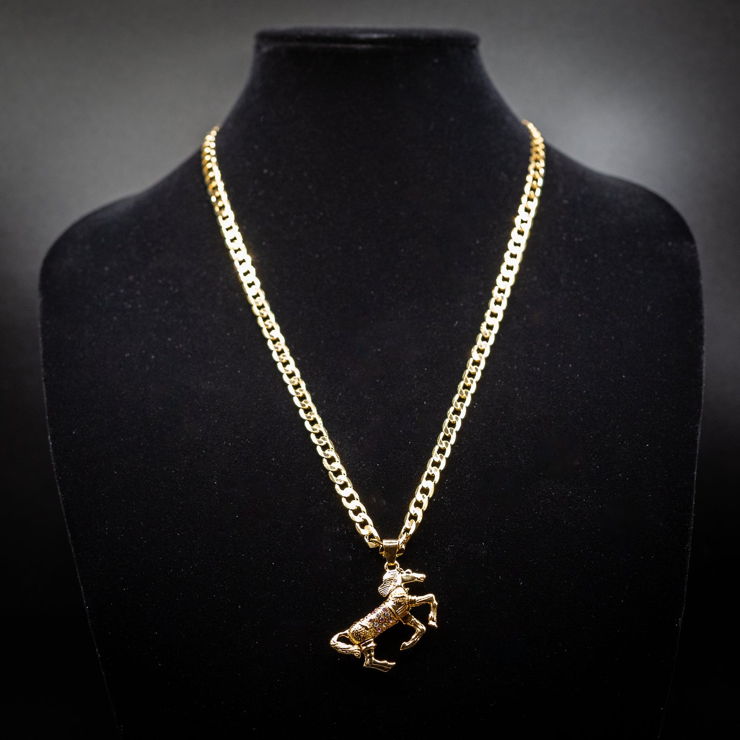 Gold Filled Bonded Horse Pendant with Pink Stones on 22-Inch, 5mm Belcher Chain