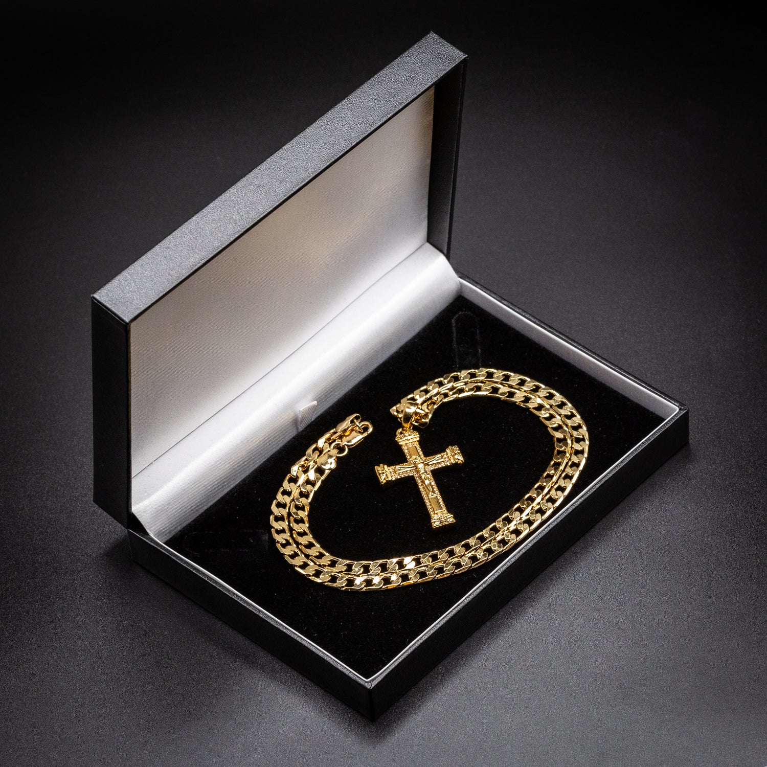 Heavy Gold Jesus Cross Crucifix Pendant with Stones 24 Inch 6mm Cuban Chain