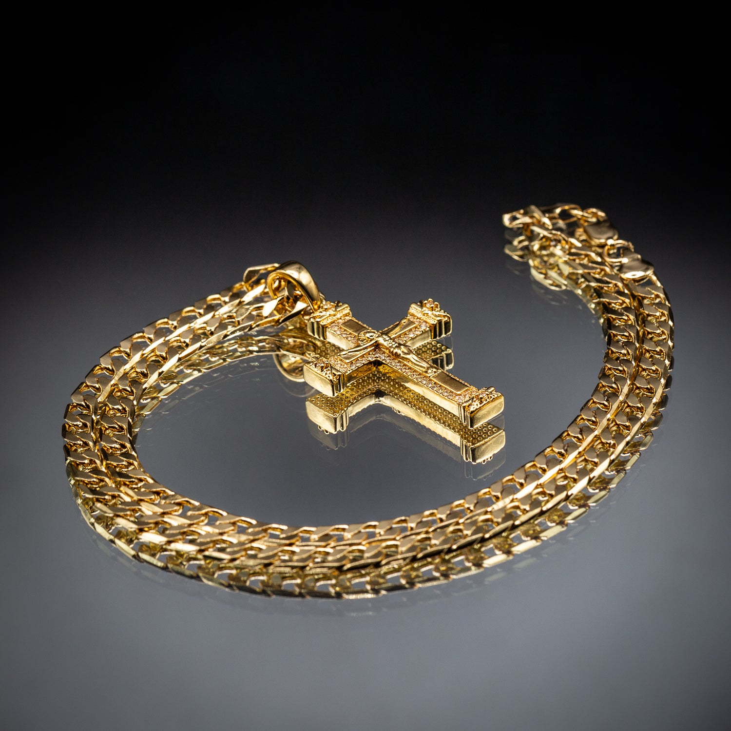 Heavy Gold Jesus Cross Crucifix Pendant with Stones 24 Inch 6mm Cuban Chain