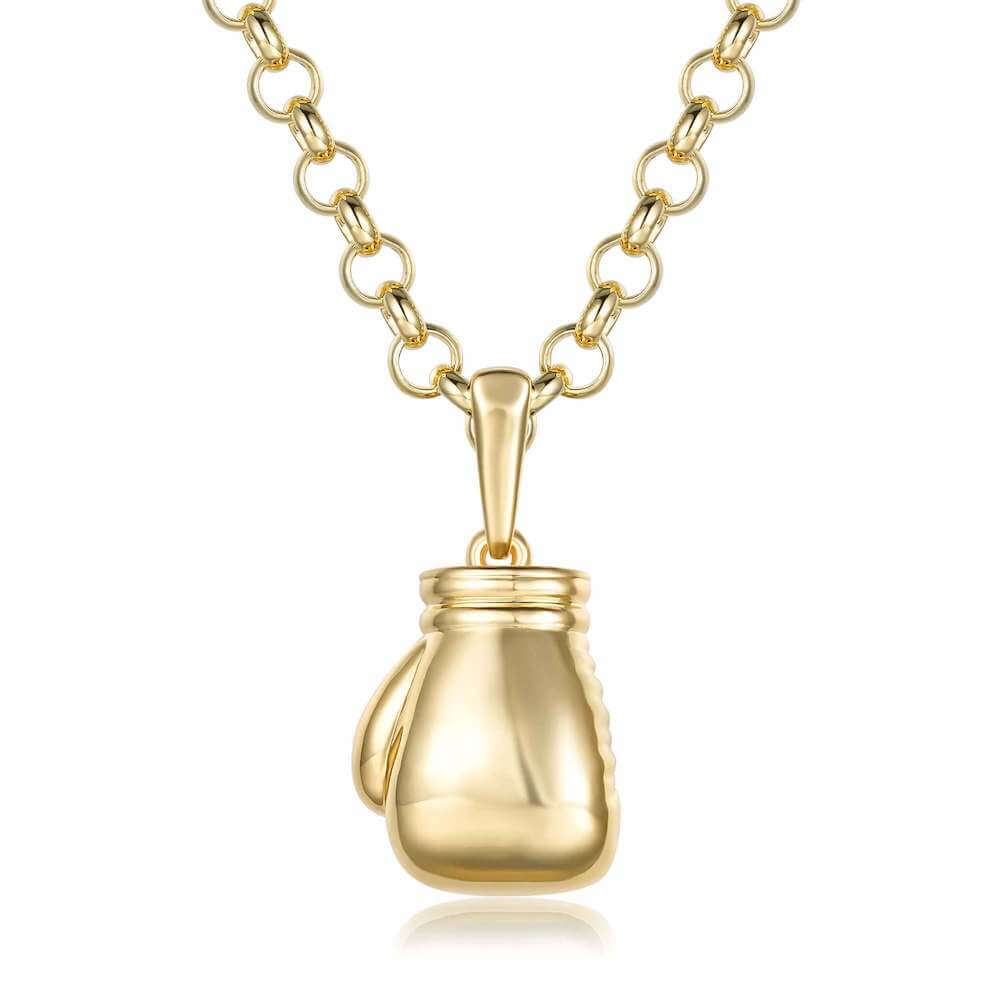 Person wearing Gold Boxing Glove Pendant with Chain