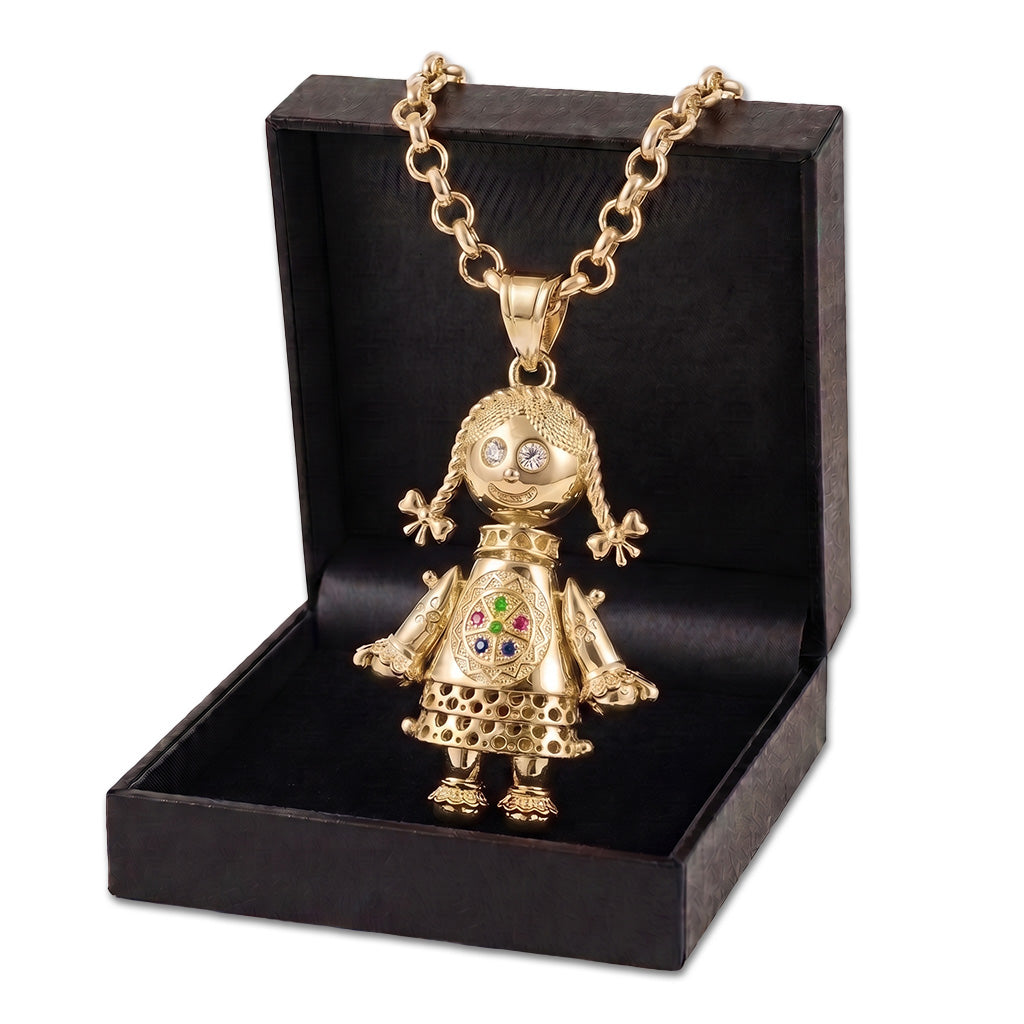 Gold 3D Rag Doll Pendant Multi Coloured Stones with Belcher Chain