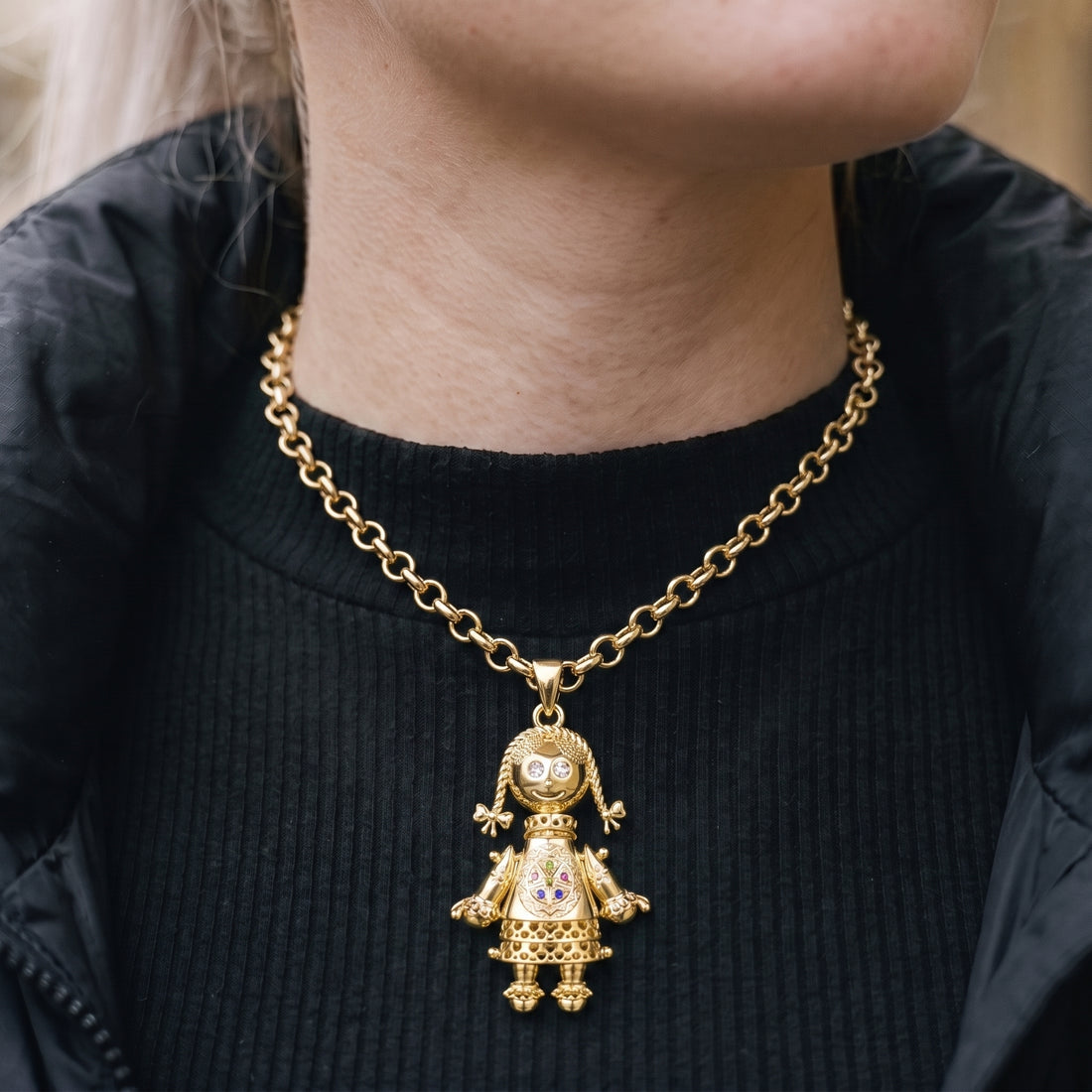 Gold 3D Rag Doll Pendant Multi Coloured Stones with Belcher Chain