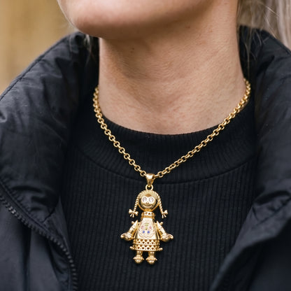 Gold 3D Rag Doll Pendant Multi Coloured Stones with Belcher Chain