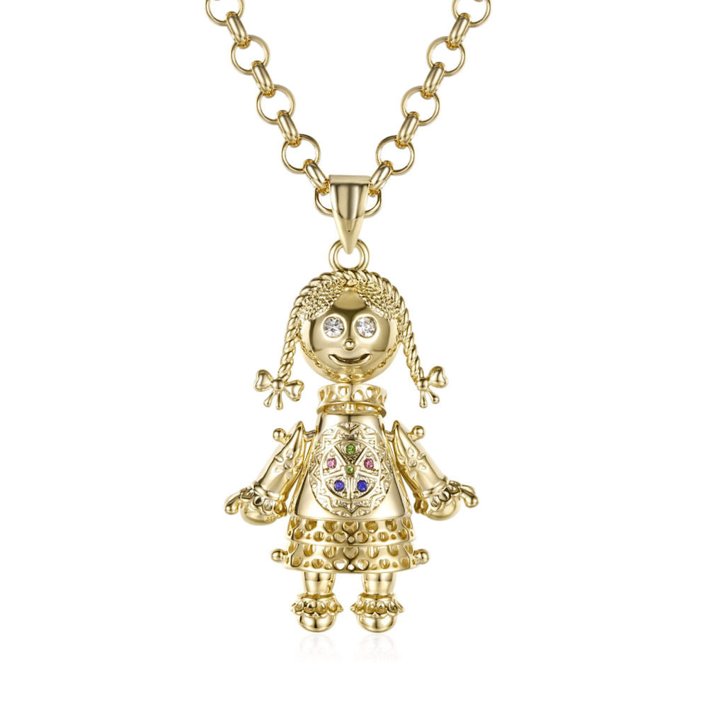 Gold Rag Doll Pendant Multi Coloured Stones 22 Inch 5mm Belcher Chain