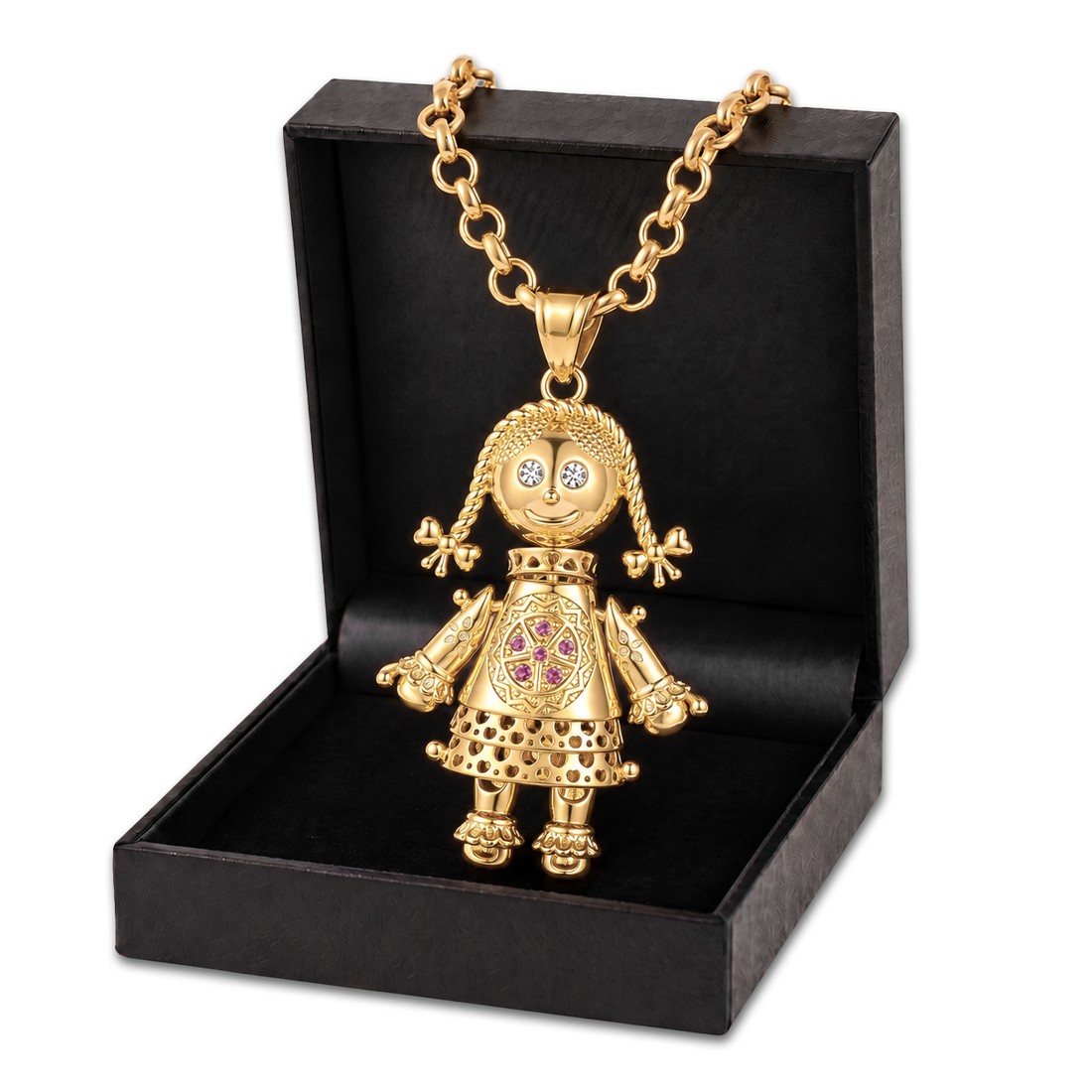 Gold Heart Rag Doll Pendant Pink Stones 24inches