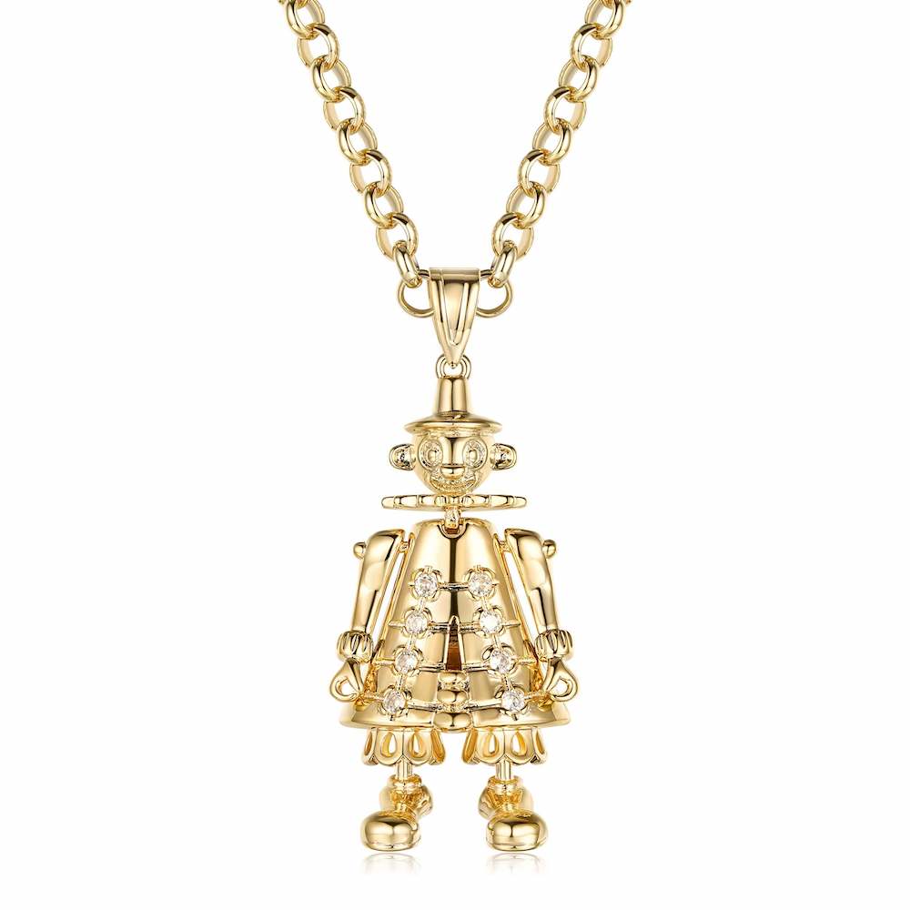 Gold-filled 3D clown pendant with sparkling clear stones, featuring a detailed clown design