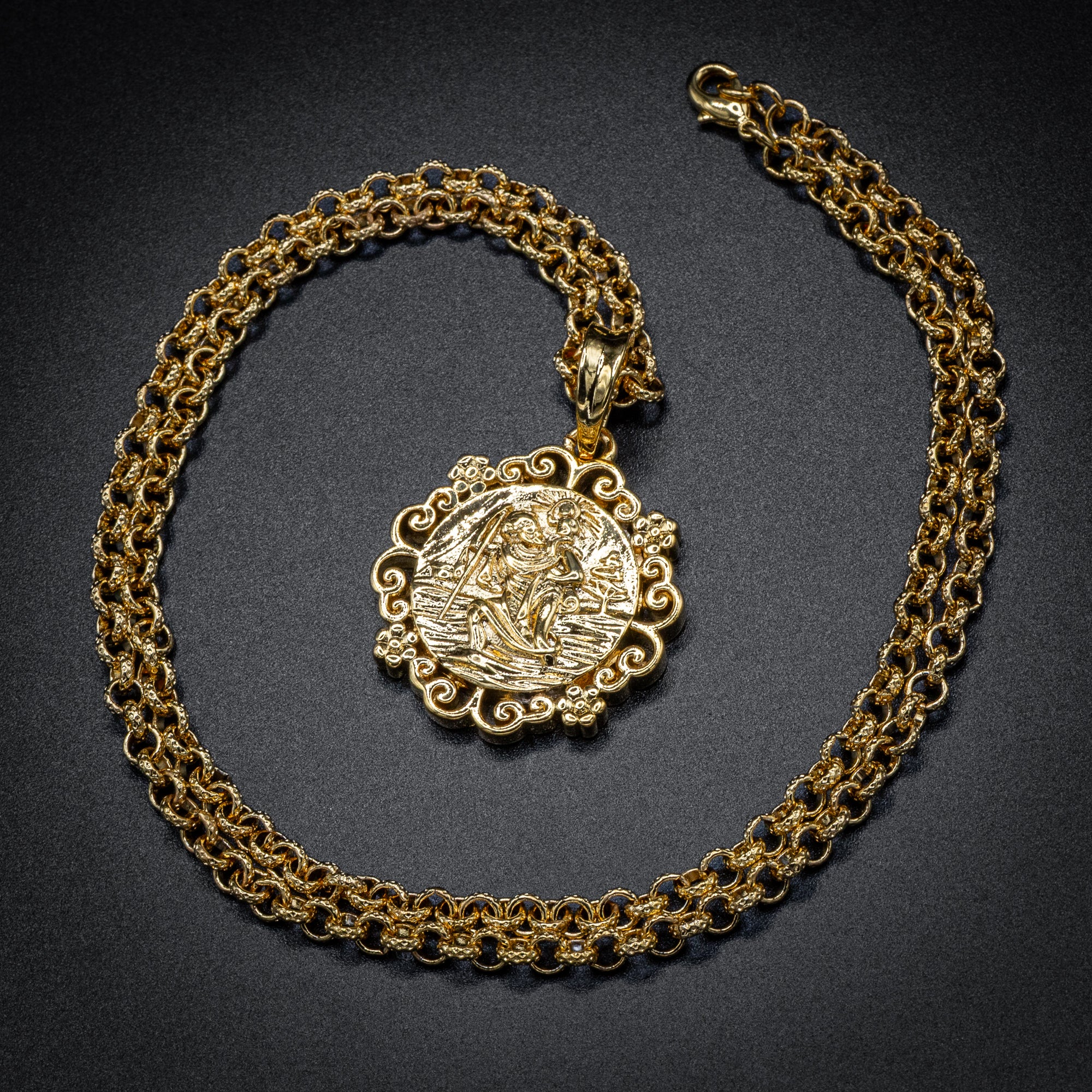 Gold St Christopher Pendant with Flower Mount 22 Inch 4mm Belcher Chain