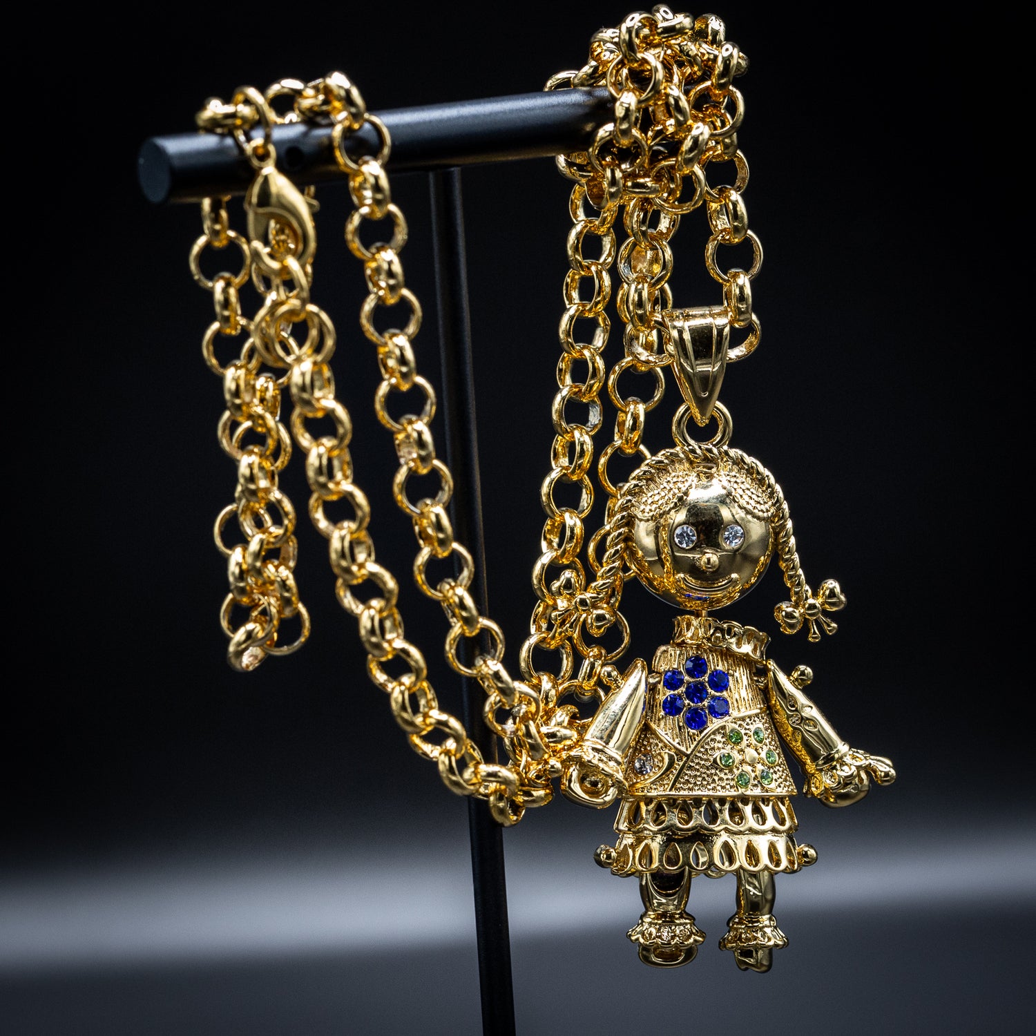 Gold Rag Doll Pendant Necklace 5.5mm Gold Smooth Belcher Chain