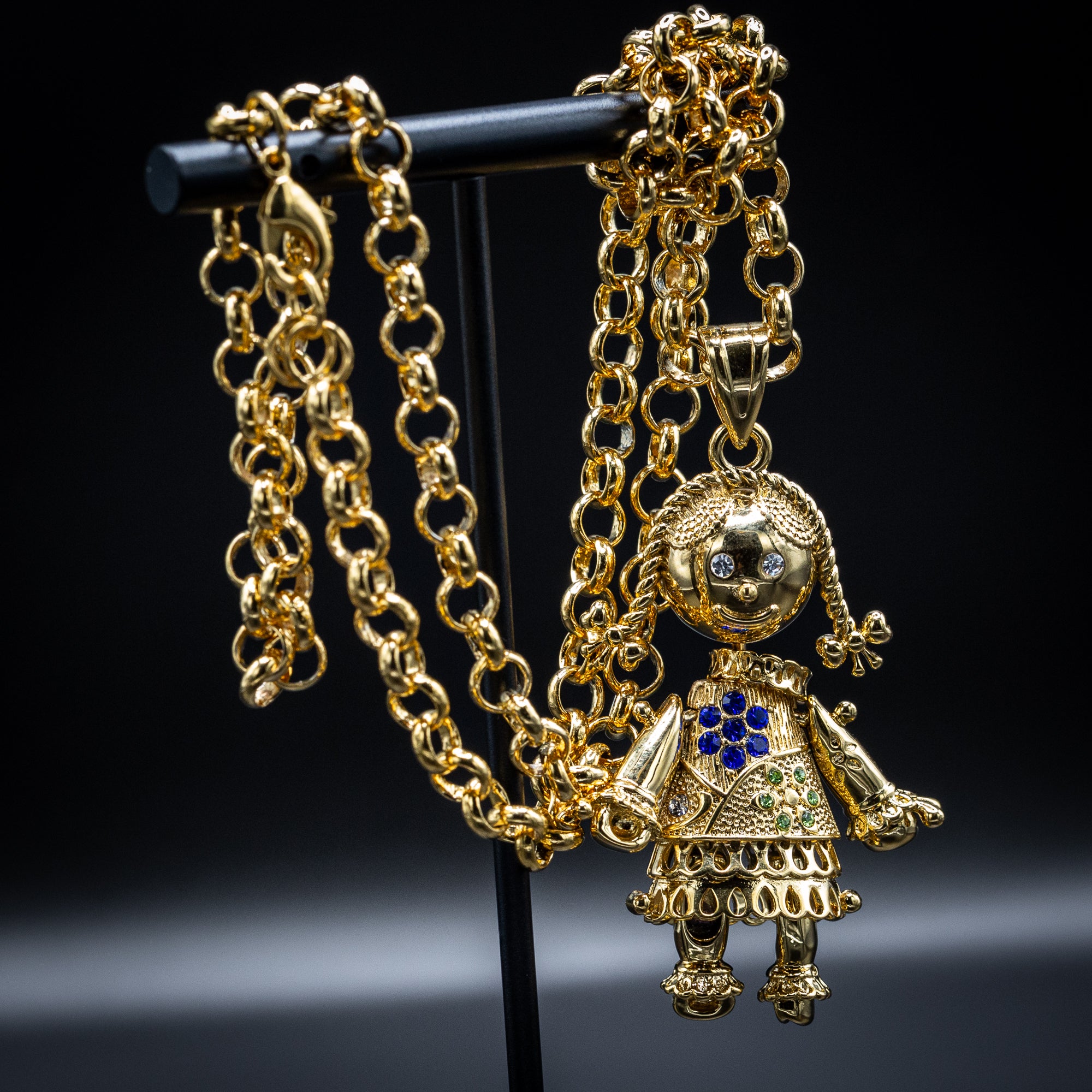 Gold Rag Doll Pendant Necklace 5.5mm Gold Smooth Belcher Chain