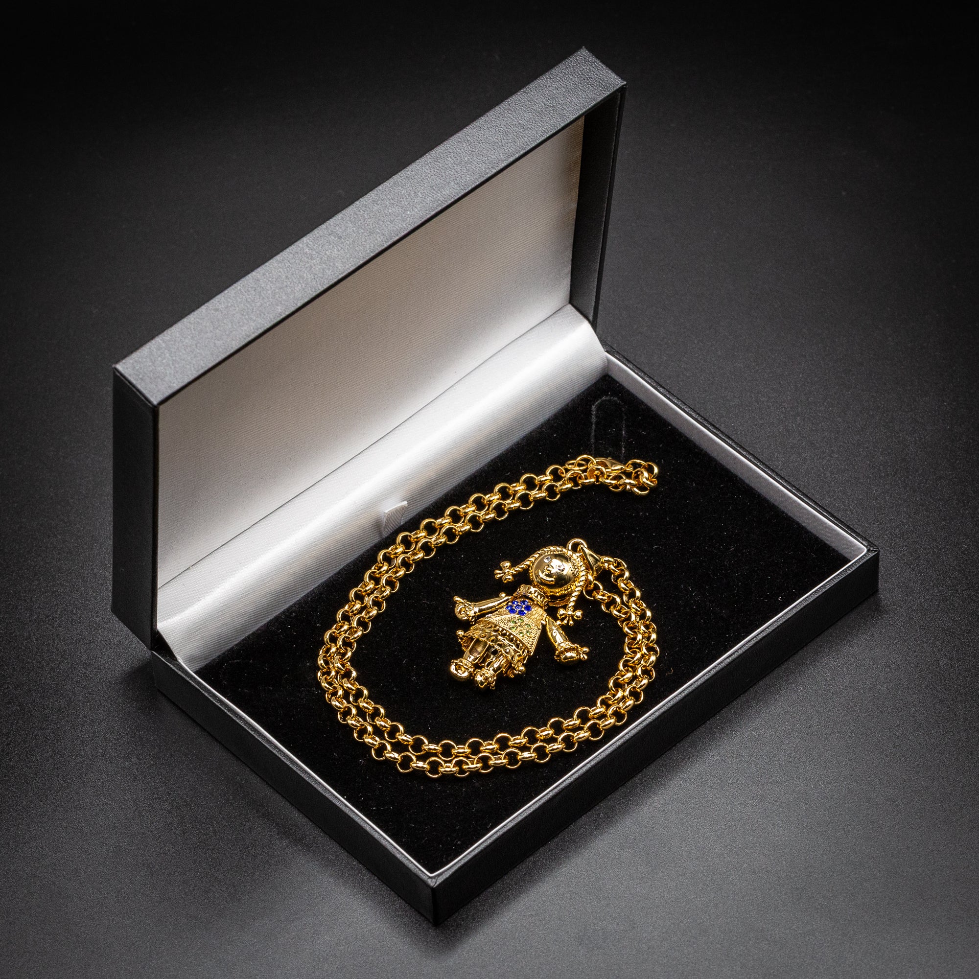 Gold Rag Doll Pendant Necklace 5.5mm Gold Smooth Belcher Chain