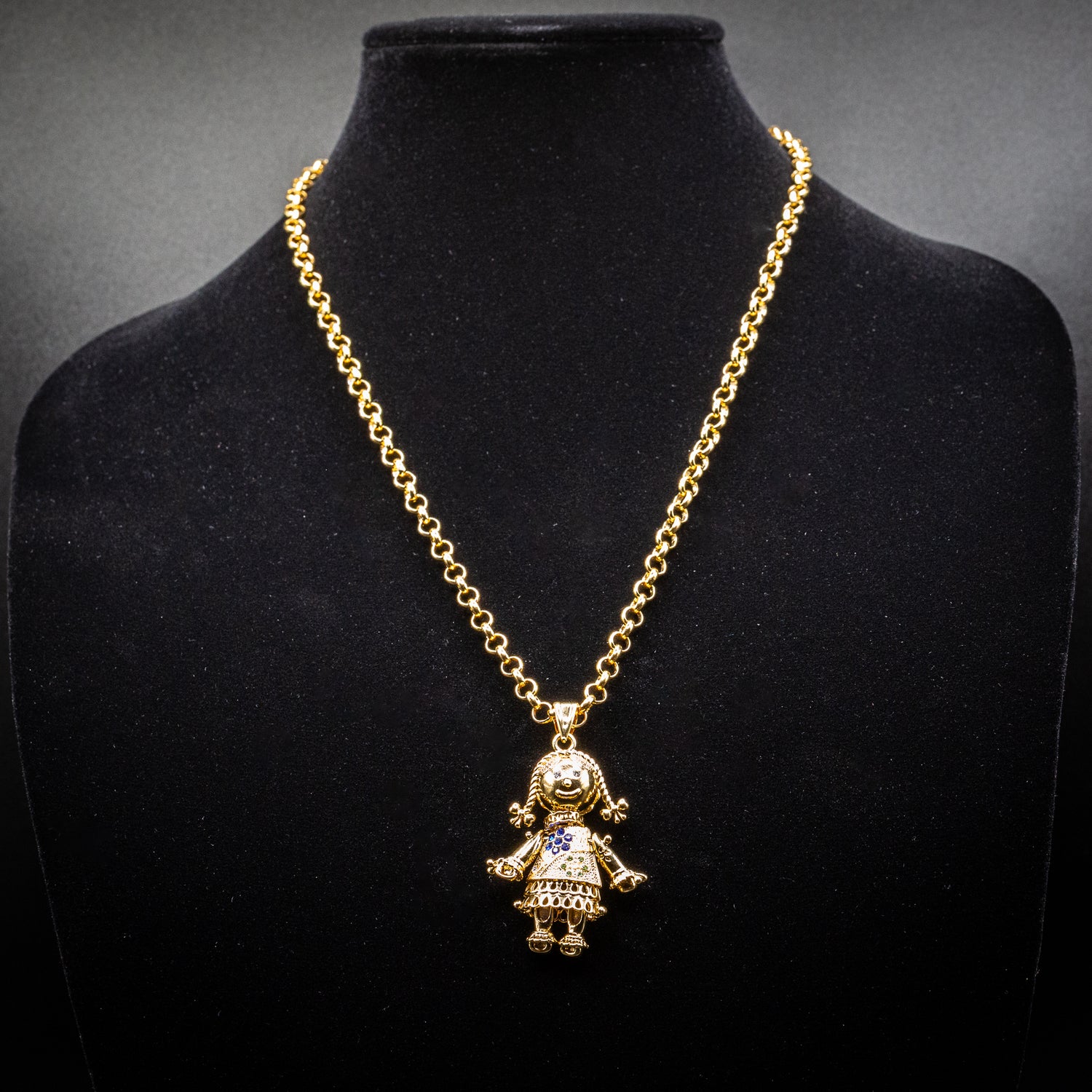 Gold Rag Doll Pendant Necklace 5.5mm Gold Smooth Belcher Chain