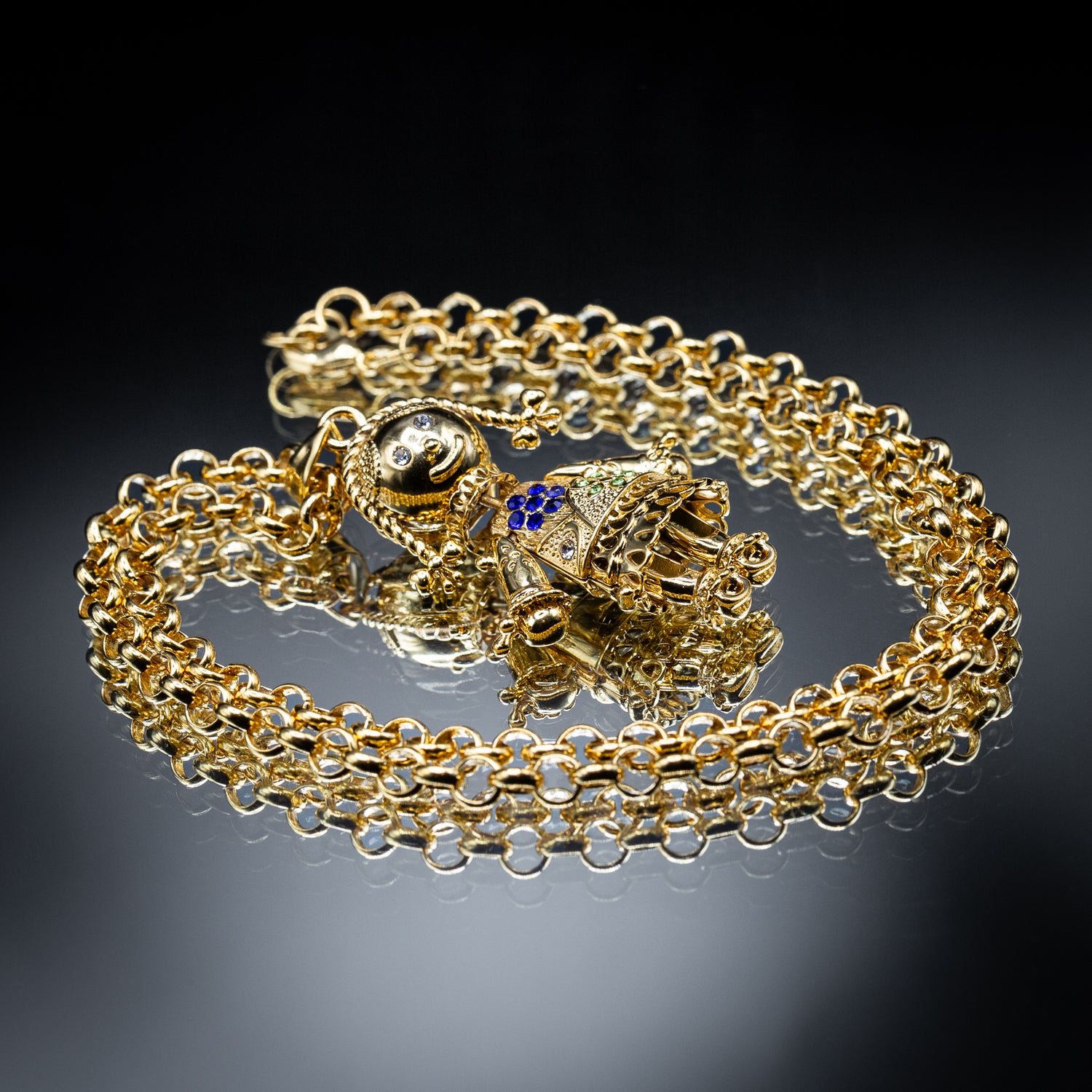 Gold Rag Doll Pendant Necklace 5.5mm Gold Smooth Belcher Chain