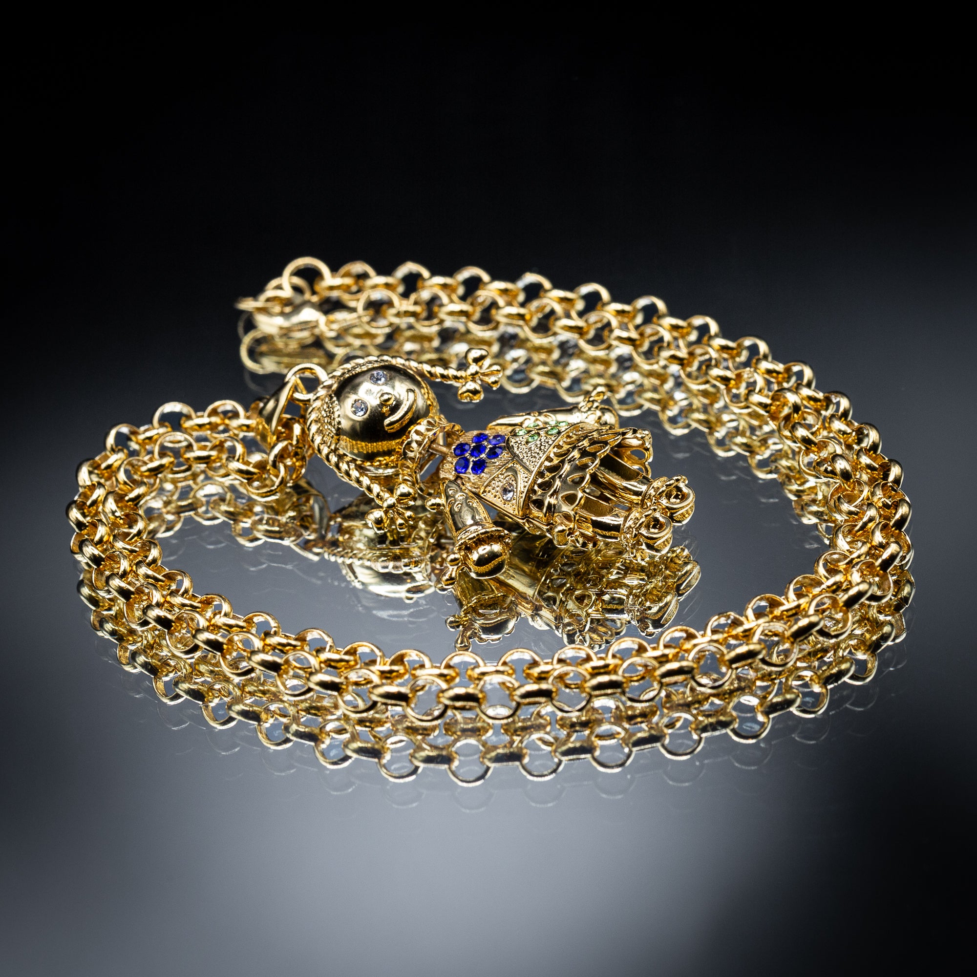 Gold Rag Doll Pendant Necklace 5.5mm Gold Smooth Belcher Chain