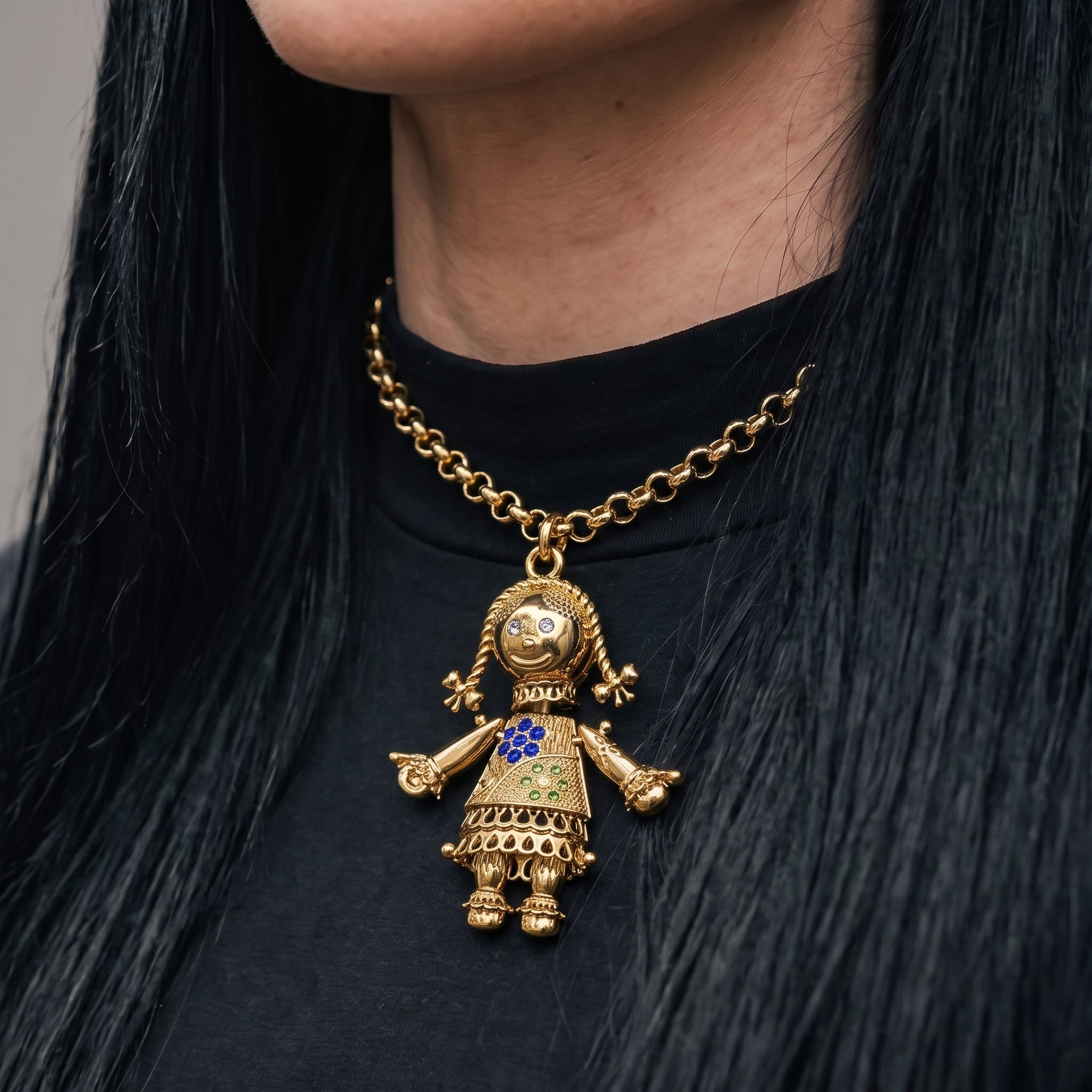 Gold Rag Doll Pendant Necklace 22inches