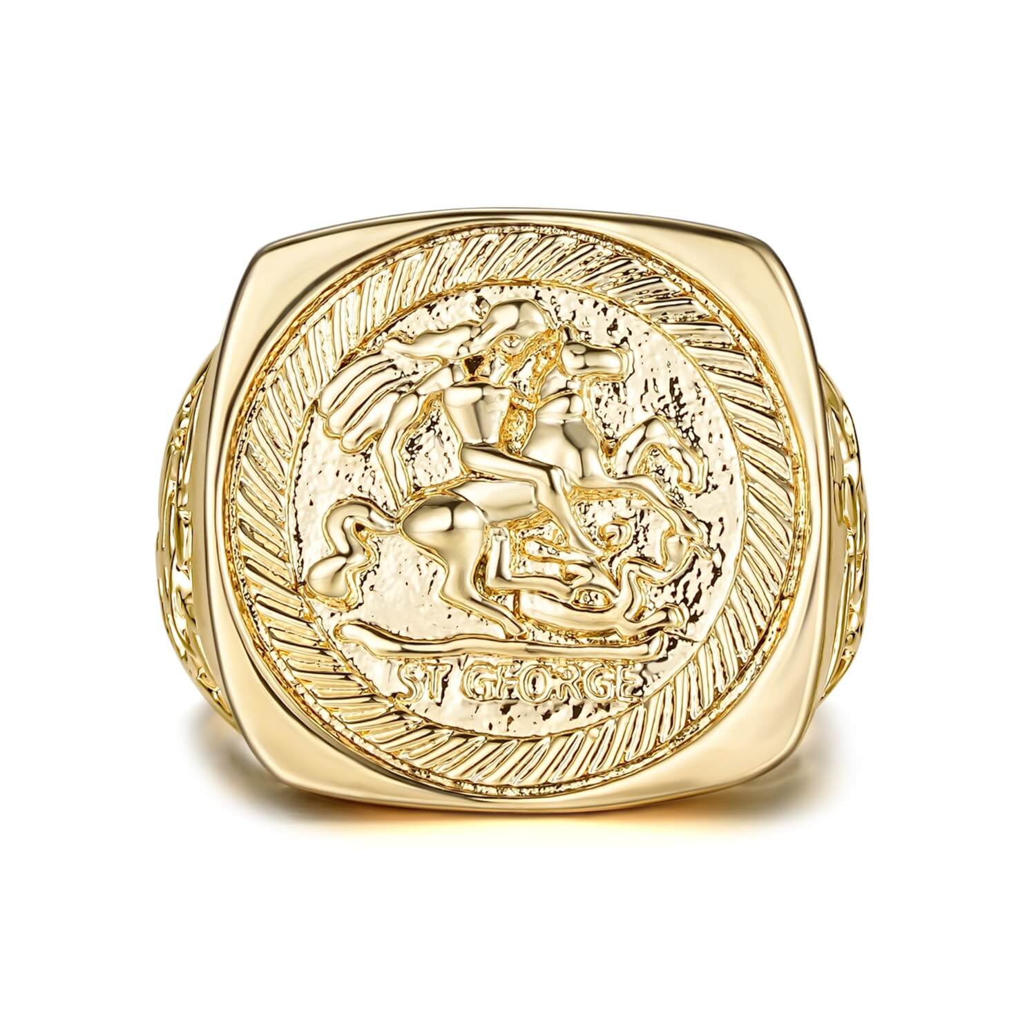 Gold-filled sovereign ring with dragon slayer design, 21 grams