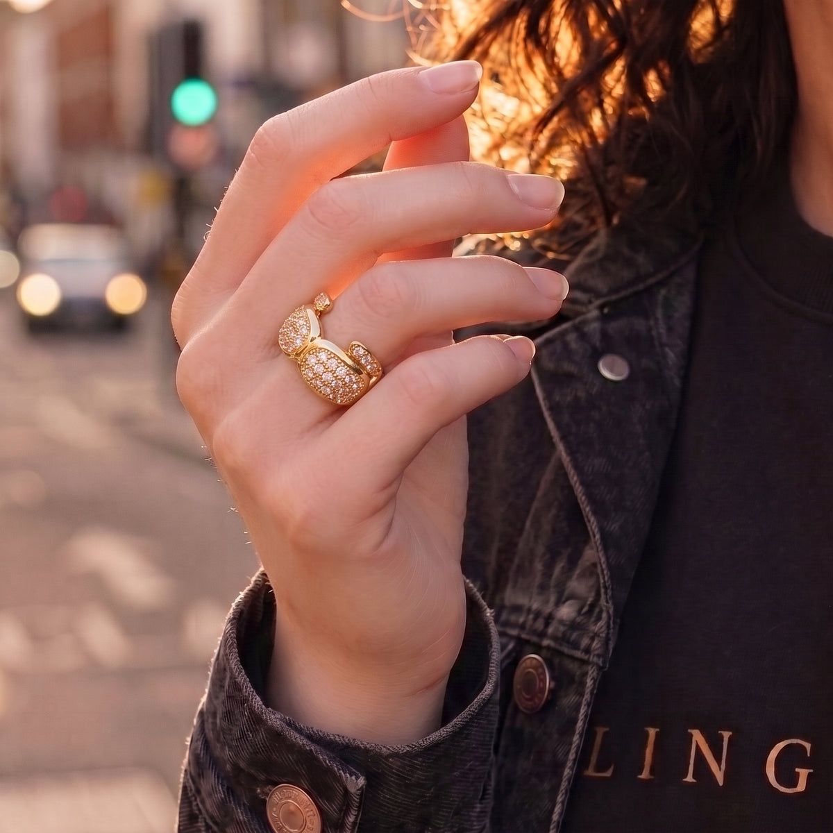 Gold Double Boxing Glove Ring with Stones