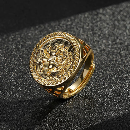 Gold St George ring, 23mm wide, adjustable size 8.5