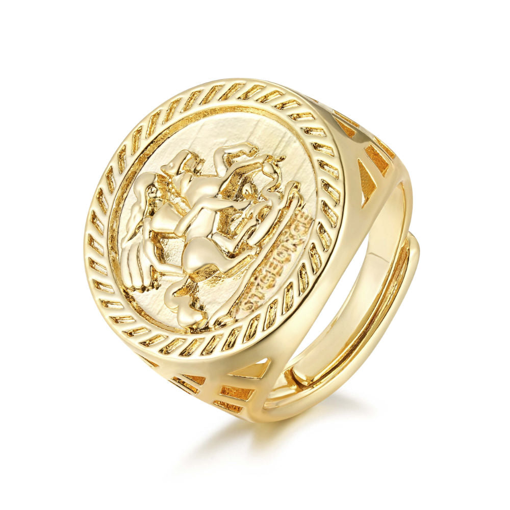 Large gold St George ring, adjustable to fit various sizes