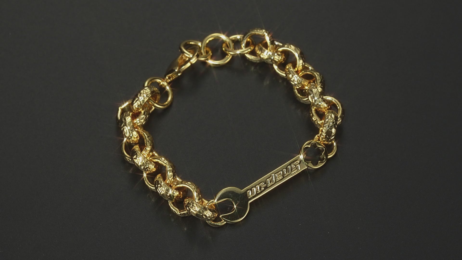 Big gold spanner bracelet, 12mm wide, 7.5/8 inches, 45 grams, for 8-inch wrists.