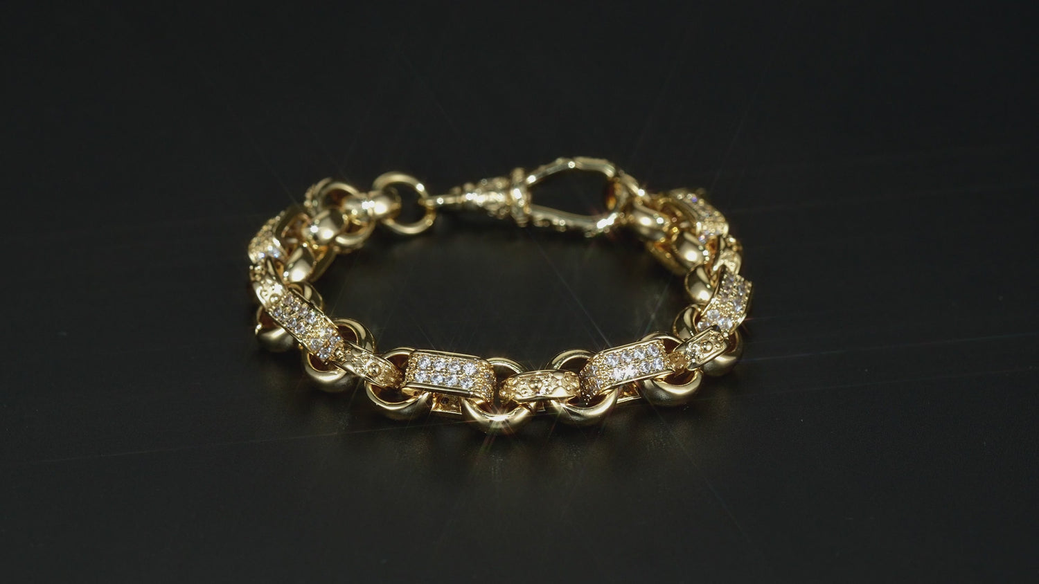 Gold-filled gypsy link Belcher bracelet with stones, 10mm wide, 8 inches, 45 grams.