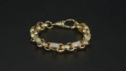 Gold-filled gypsy link Belcher bracelet with stones, 10mm wide, 8 inches, 45 grams.