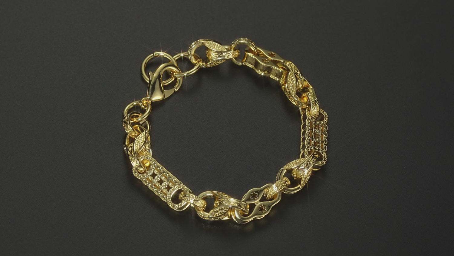 Big gold Stars and Bars Tulip bracelet, 12mm wide, 8.5/9 inches, 63 grams, for 8.5-inch wrists.