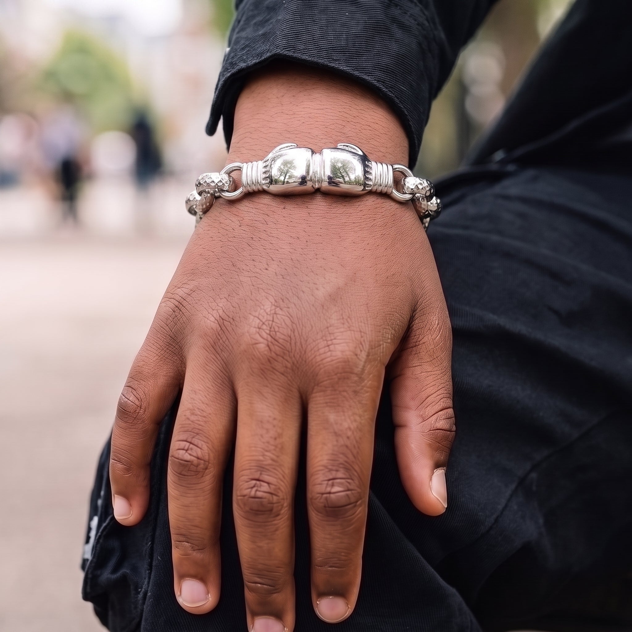 New 8mm Silver Double Boxing Glove Belcher Bracelet 8 Inches
