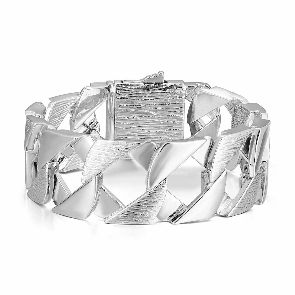 Silver-filled Chaps bracelet, 27mm width, 9 inches long, 120 grams, luxury leather box.