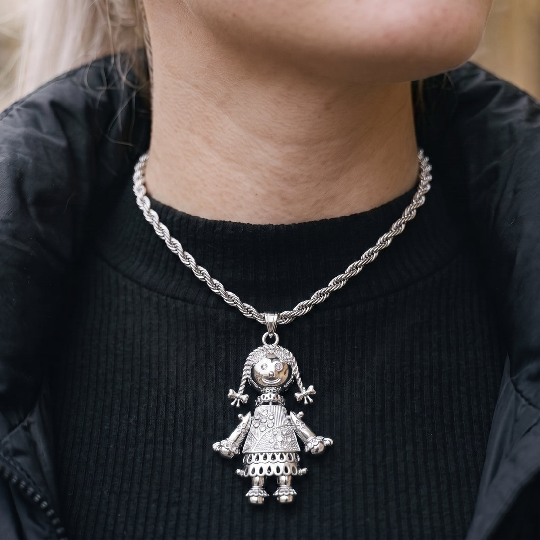 Silver XL Heart Rag Doll Pendant Necklace 24inches