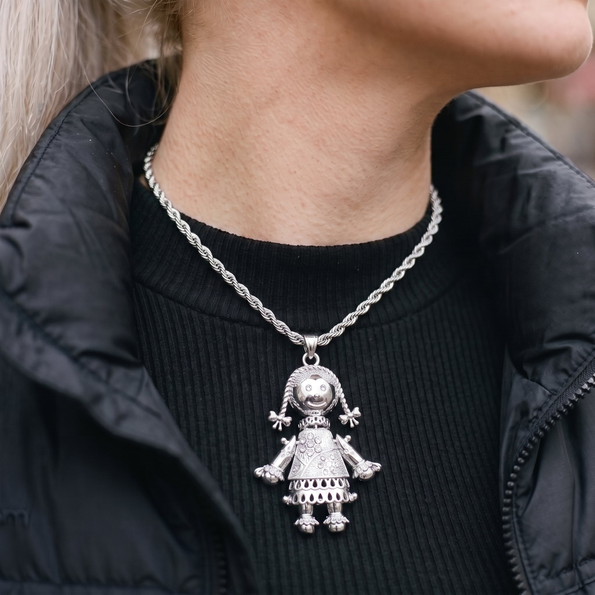 Silver XL Heart Rag Doll Pendant Necklace 24inches