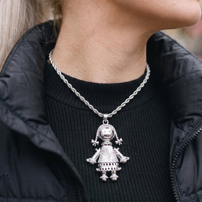 Silver XL Heart Rag Doll Pendant Necklace 24inches