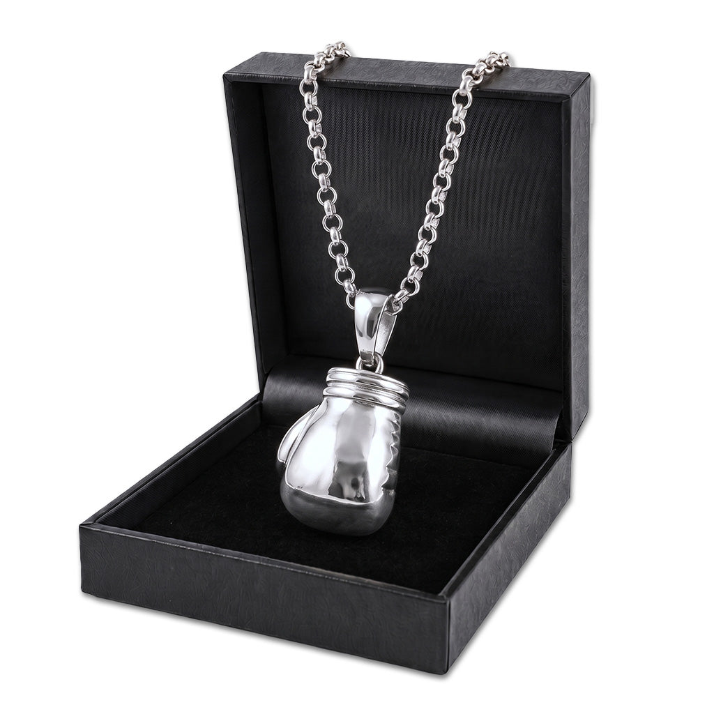 Silver Large Boxing Glove Pendant Necklace 24 Inches 7mm Belcher Chain 77g Statement Jewellery