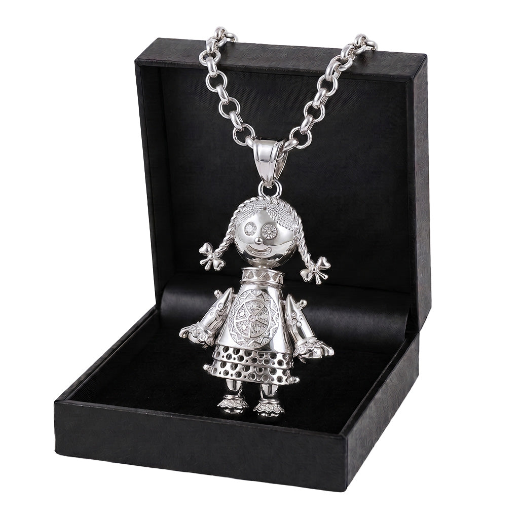 New Silver-Filled Bonded Heart Rag Doll Pendant with Clear Stones on 24-Inch, 5mm Belcher Chain