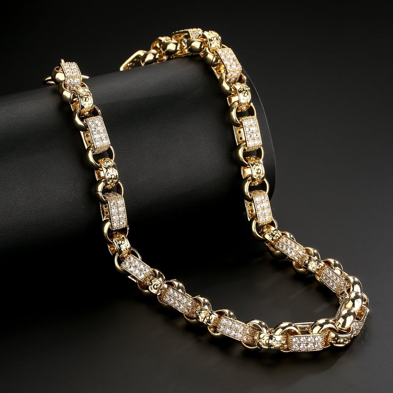 Detailed View of 13mm Gold Gypsy Link Chain with Stones, 30 Inches Long