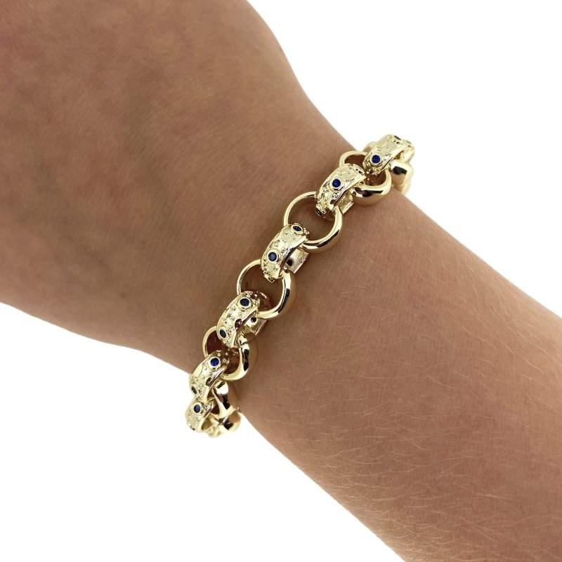 9mm Gold Crystal Pattern Belcher Bracelet with Blue Stones For Kids