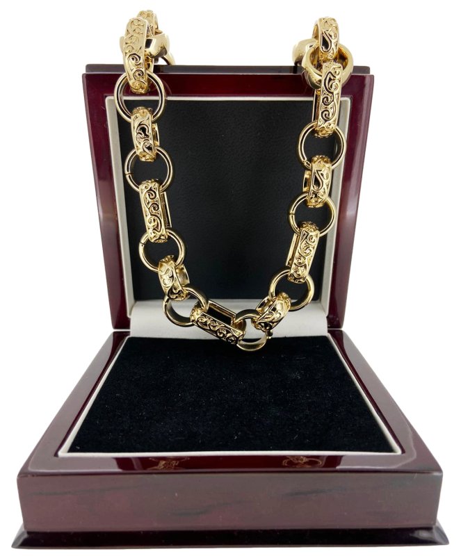 Gold Bonded Gypsy Link Belcher Chain, 18mm Wide, 30 Inch Necklace, Free Leather Box