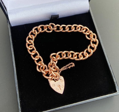 Elegant Rose Gold Bracelet with Heart Padlock, 7mm Width, 8 Inch Length