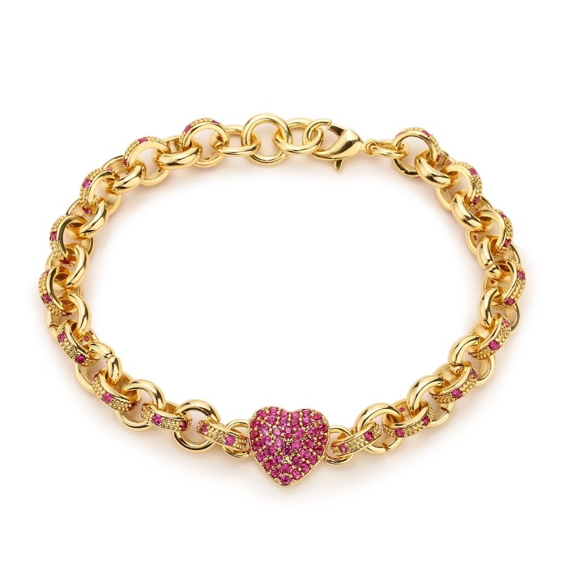 Gold All Red Crystal Single Heart Charm Belcher Bracelet