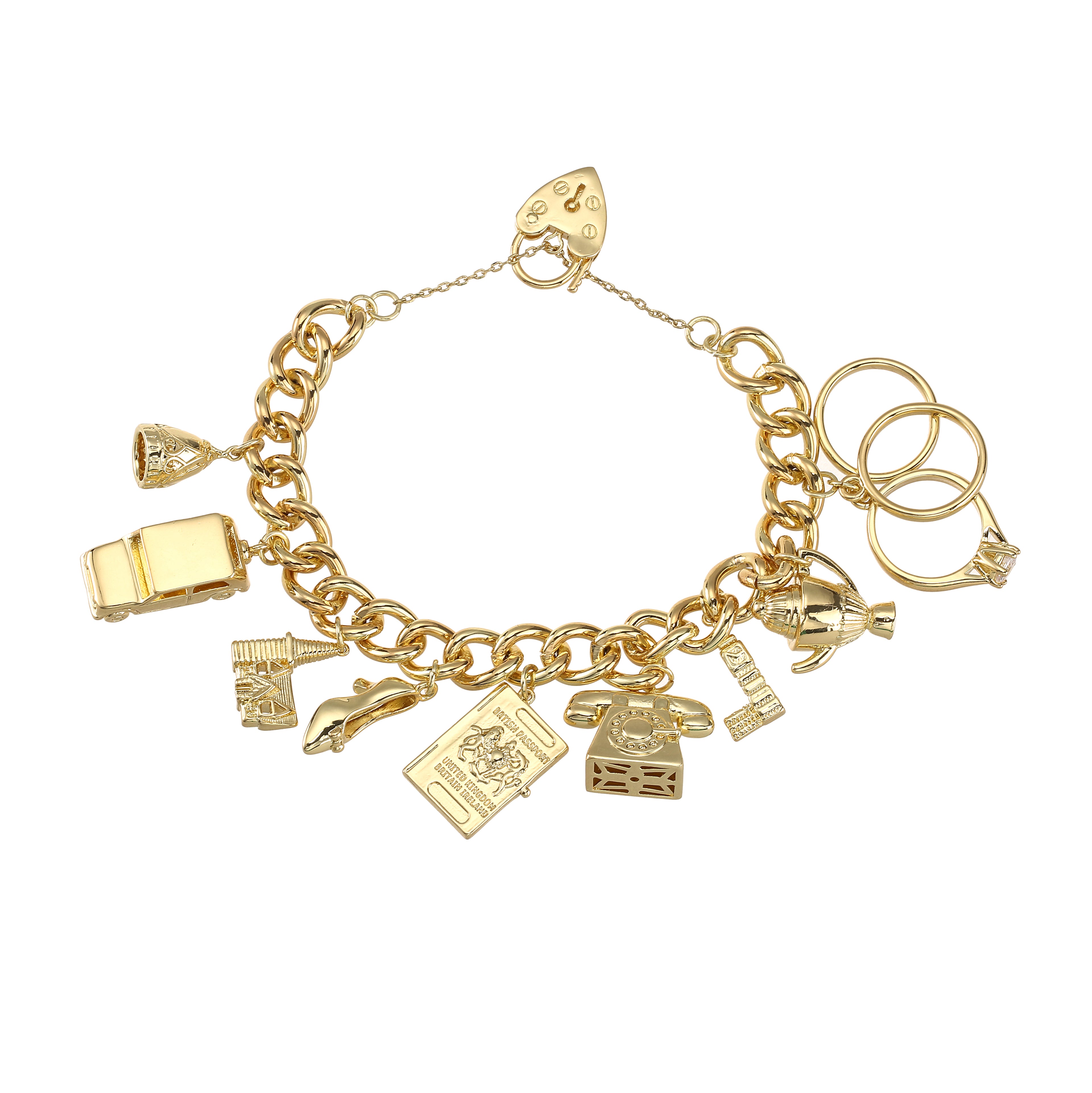 Gold Great Britain Charm Bracelet Heart Padlock 8 Inch